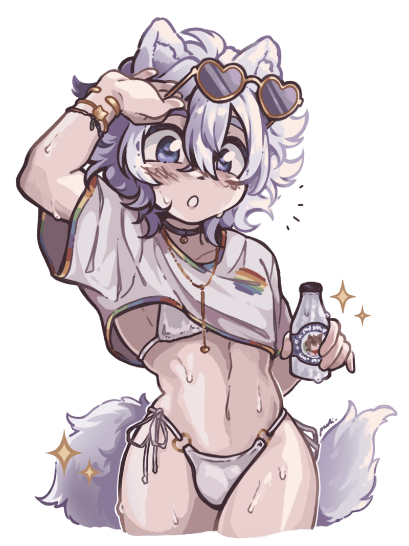 Solva, a white haired gay catboy VTuber with cat ears, wearing heart shaped sunglasses and a rainbow trimmed tee